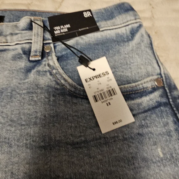 Express Light Blue Distressed Flare Jeans - Picture 5 of 6